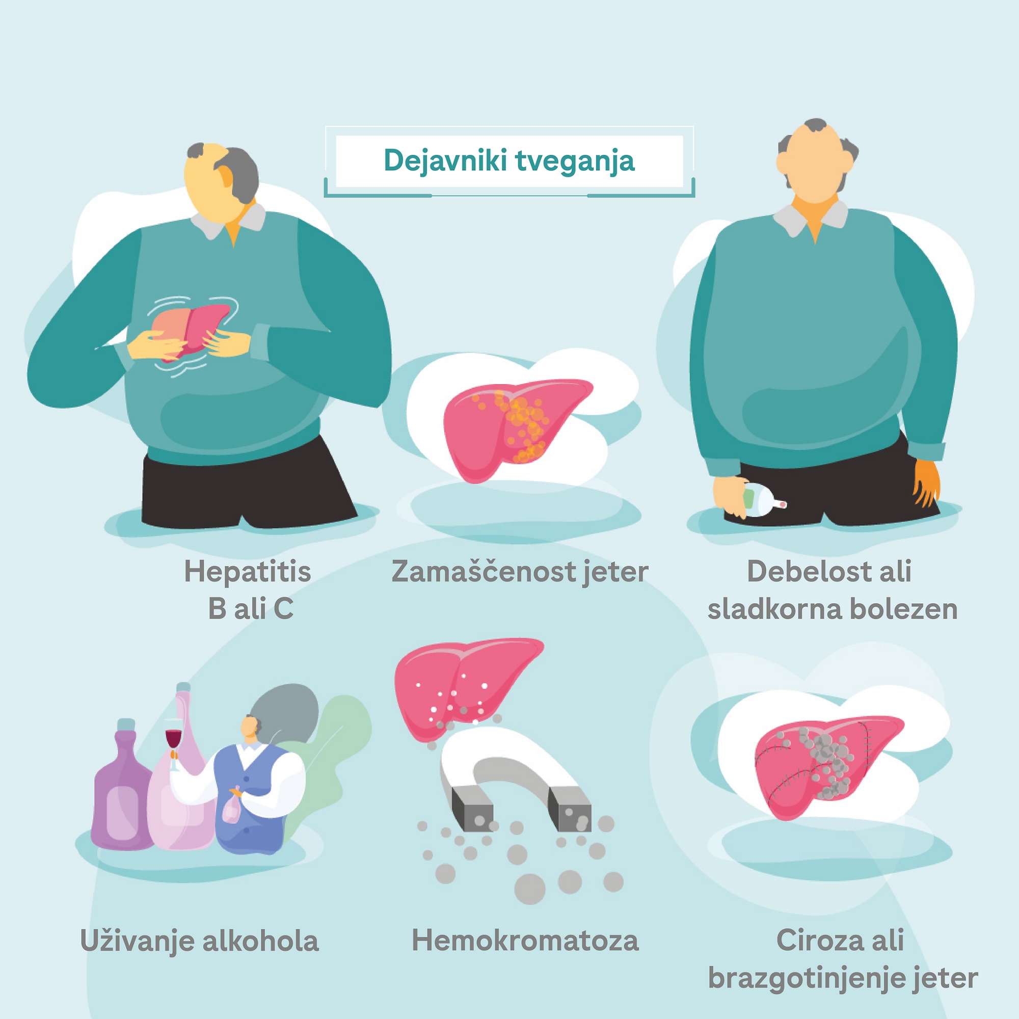 Glavmi dejavniki tveganja za rakzvoj raka jeter so hepatitis, alkohol in druge bolezni jeter.
