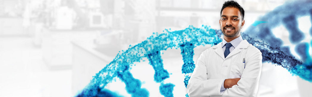 Image of a scientist looking confident in his NGS results, standing next to a DNA helix