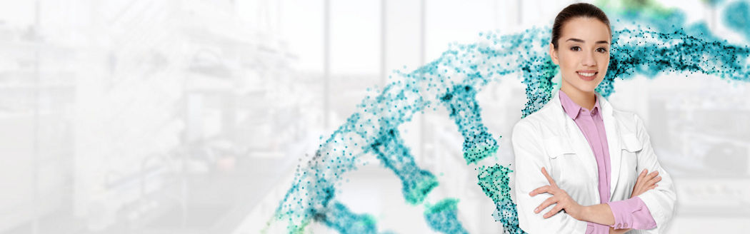 Photo of a scientist in a lab coat looking happy and confident, next to a picture of DNA
