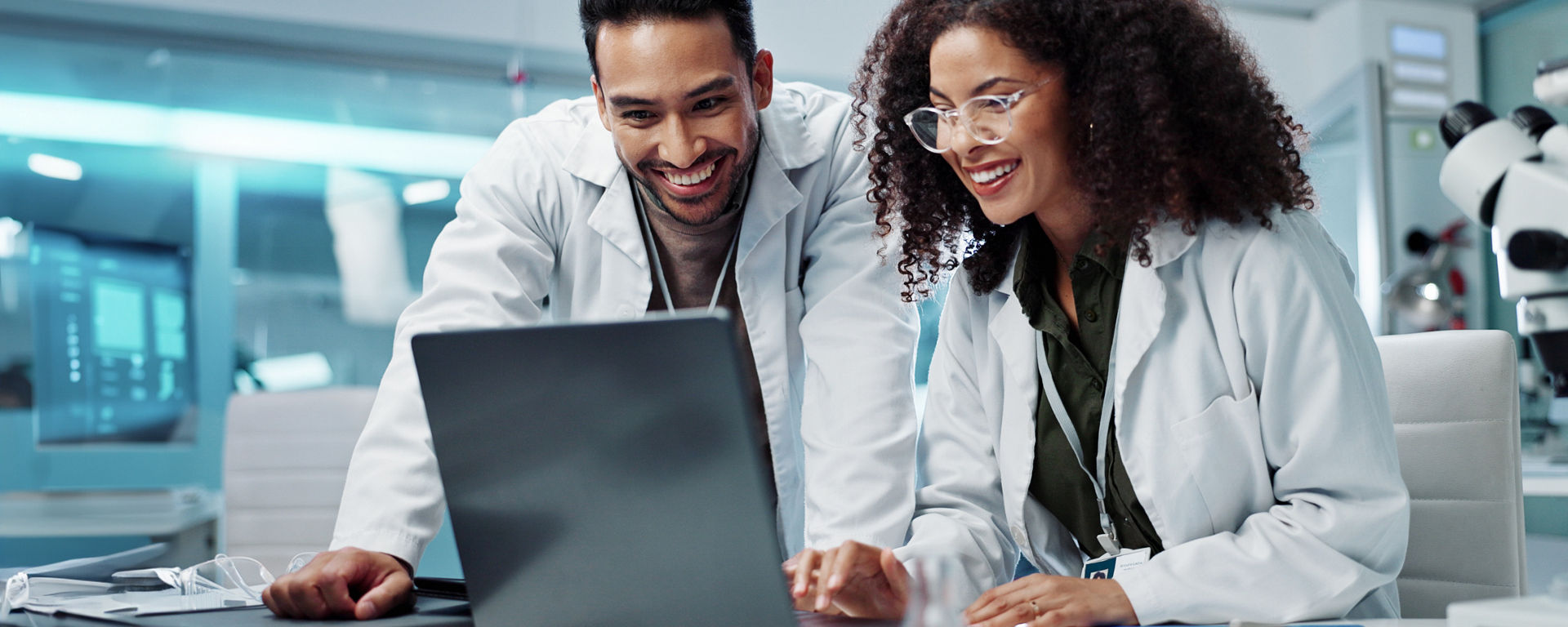 Science, teamwork and scientist with tablet in laboratory for communication, pharmaceutical review or planning. Employees, collaboration and technology for research, discussion and digital analysis.