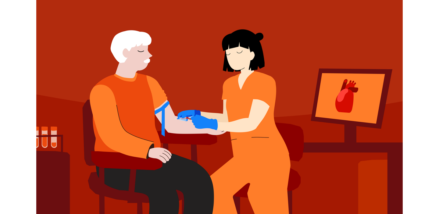 Illustration von einem alten Mann und einer MPA. Die MPA testet den Blutwert des Mannes. der Biomarker ist NT-proBNP