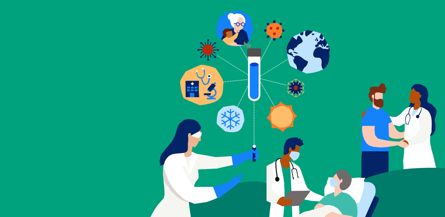 Illustrazione di operatori sanitari che assistono dei pazienti. Sullo sfondo icone di virus e altri patogeni delle vie respiratorie, collegati a una provetta centrale che rappresenta l'assistenza medica e la ricerca, evidenziando l'importanza dei test nel percorso diagnostico  dei pazienti