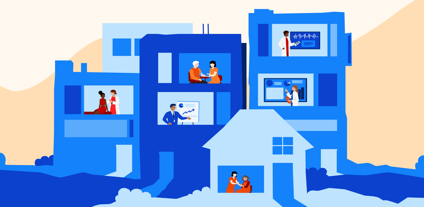 Cardiometabolic disease management illustration. This illustration shows a hospital and remote care setting where cardiac patients are diagnosed and treated.