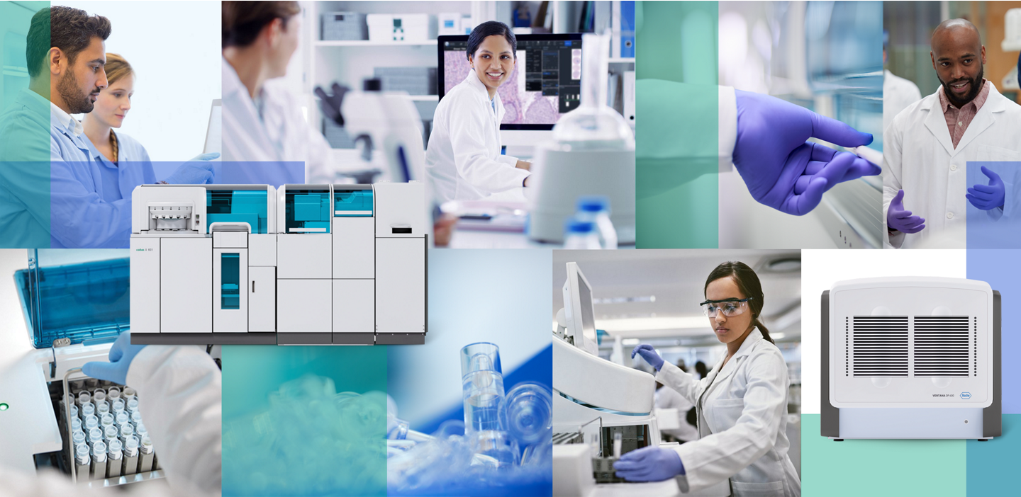 collage of roche lab technicians and instruments