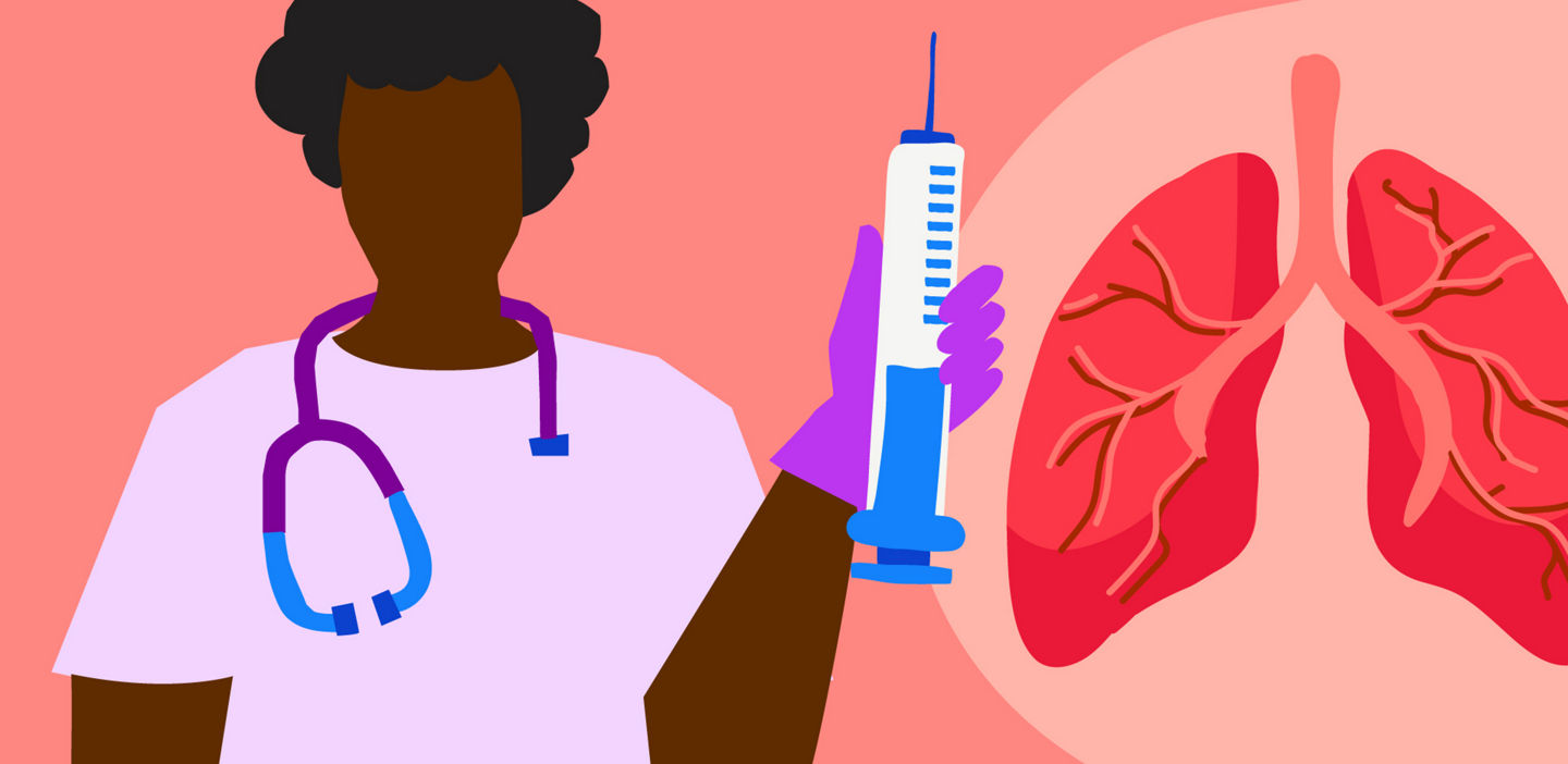 illustration of a clinician holding a syringe next to an image of lungs