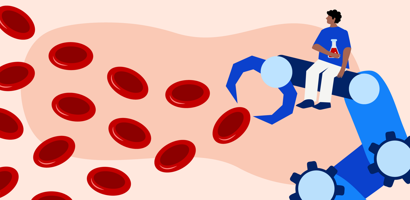 An illustration of a lab worker sitting on a automated gripping arm, which is grabbing red blood cells.