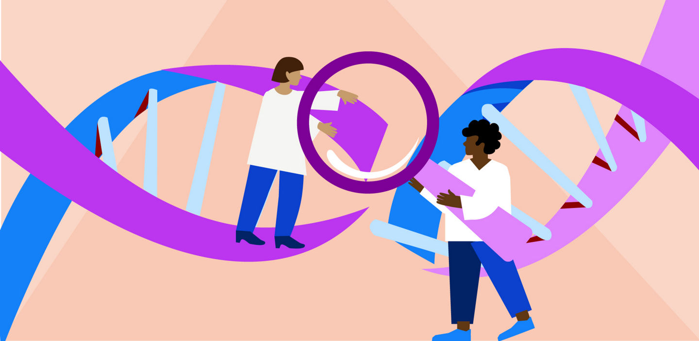 Two scientists sequencing DNA. DNA double helix fragments coming together