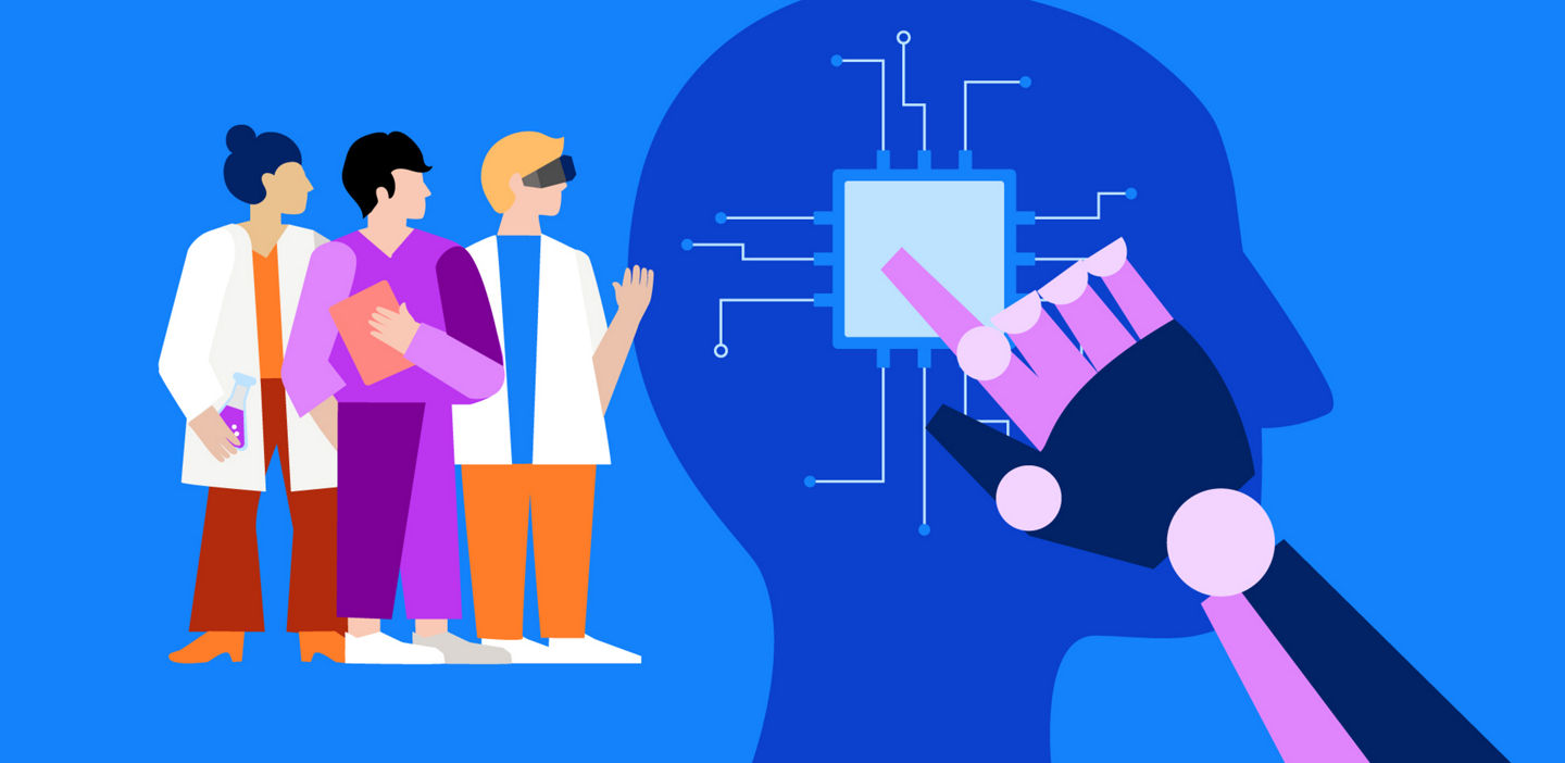An illustration of three healthcare professionals looking at a head with an artificial intelligence which is touched by a roboter arm