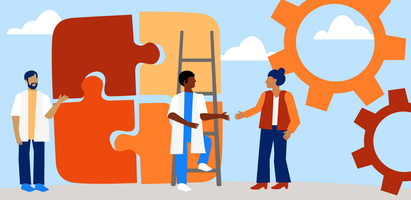 An illustration of two healthcare professionals standing in front of a puzzle with another professional not wearing a lab coat