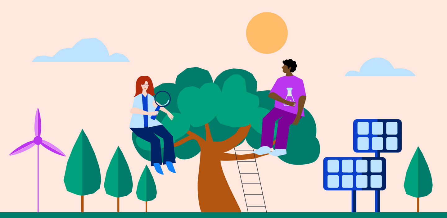 A futuristic, eco-friendly laboratory with green energy sources - solar panels and wind turbine. The laboratory manager and the cientist are using eco-friendly lab equipment. Green trees, sun, clouds, nature. 