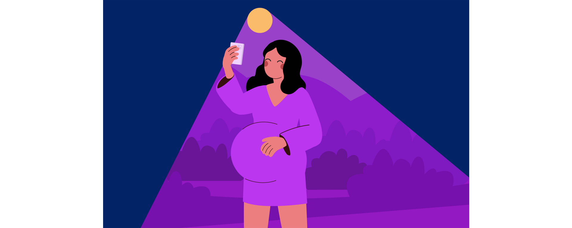 Illustration of a pregnant woman with a phone under a spotlight symbolizing the importance of congenital infection testing