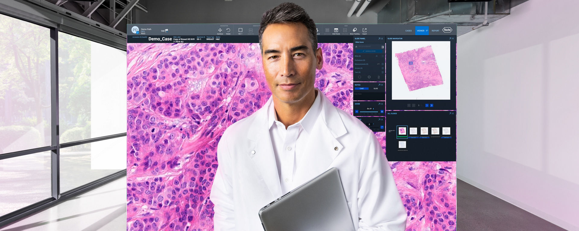 A-digital-pathologist-with-a-laptop-In-the-background-an-image-of-a-hematoxylin-and-eosin-tissue-slide